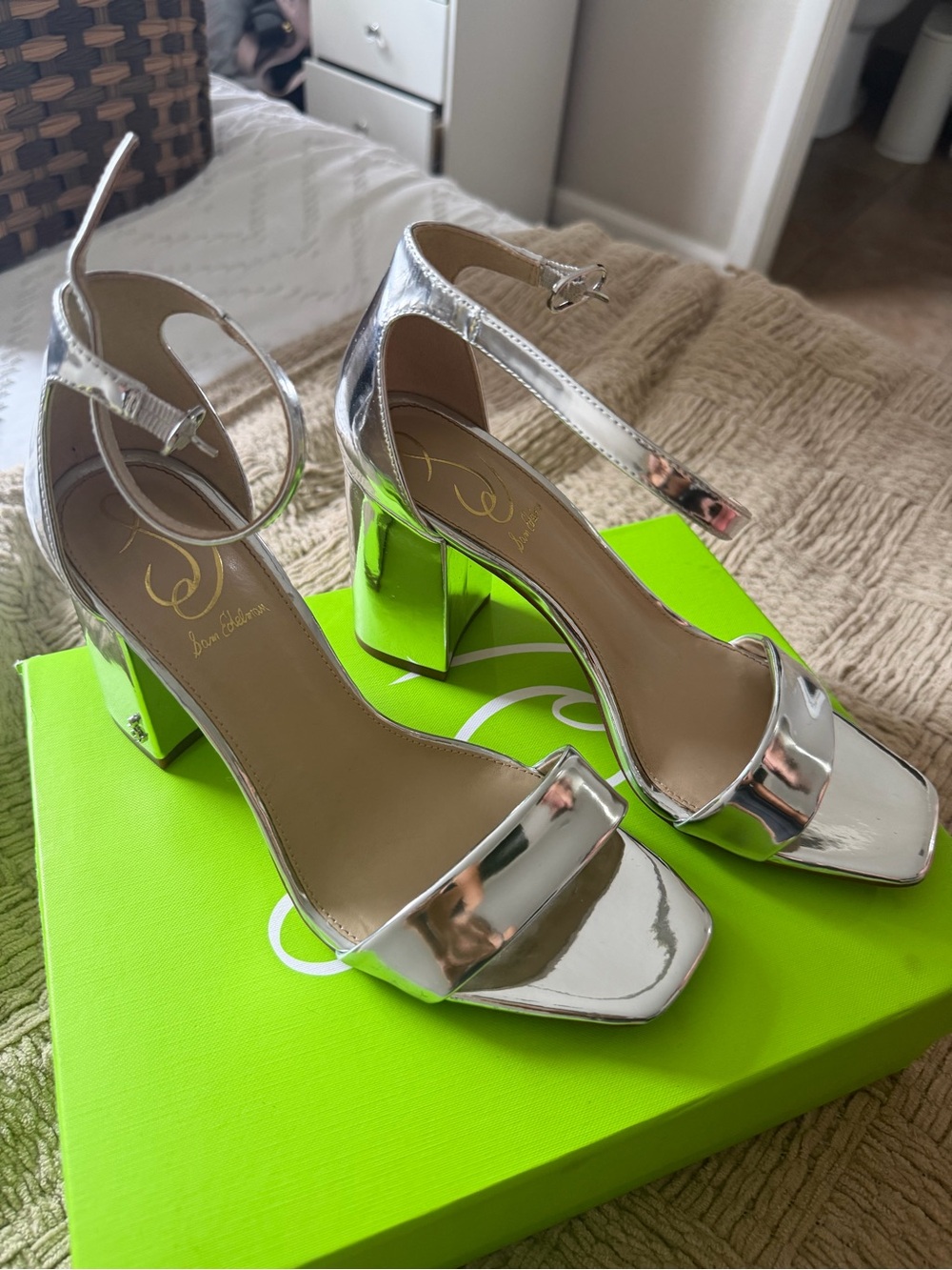 Sam Edelman Silver Metallic Block Heel Sandals